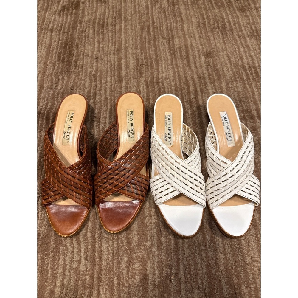 Lot of 2 Vintage Polly Bergen Woven Leather Mules Slides Heels Made in Italy 7.5